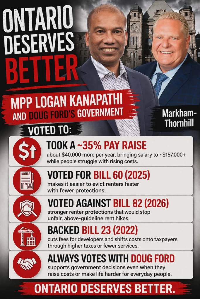 Protest poster "12:30 PM - Markham-Thornhill - 7380 McCowan Rd - MPP Logan Kanapathi's Office"